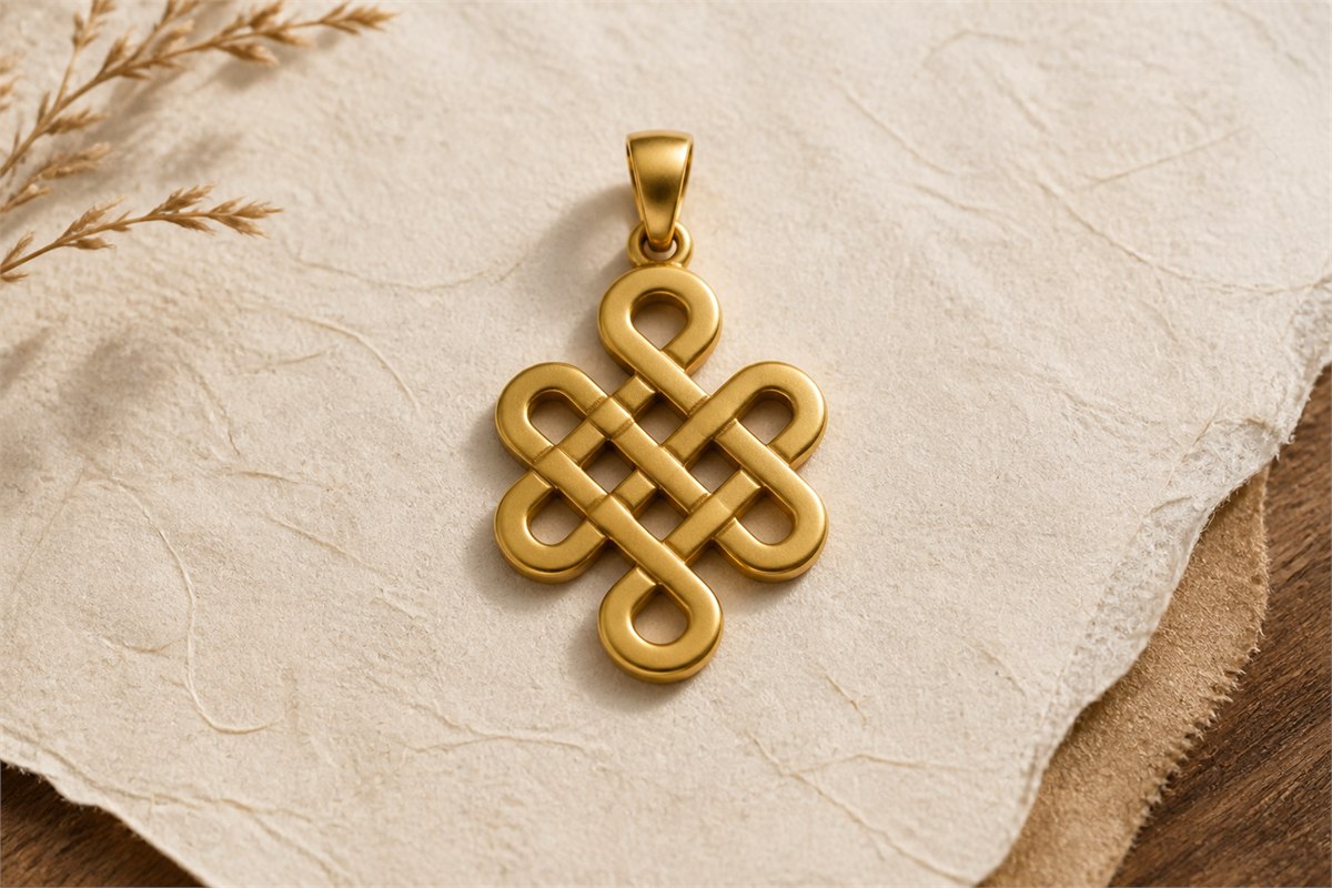 Modern brass pendant shaped as a continuous interlaced endless knot