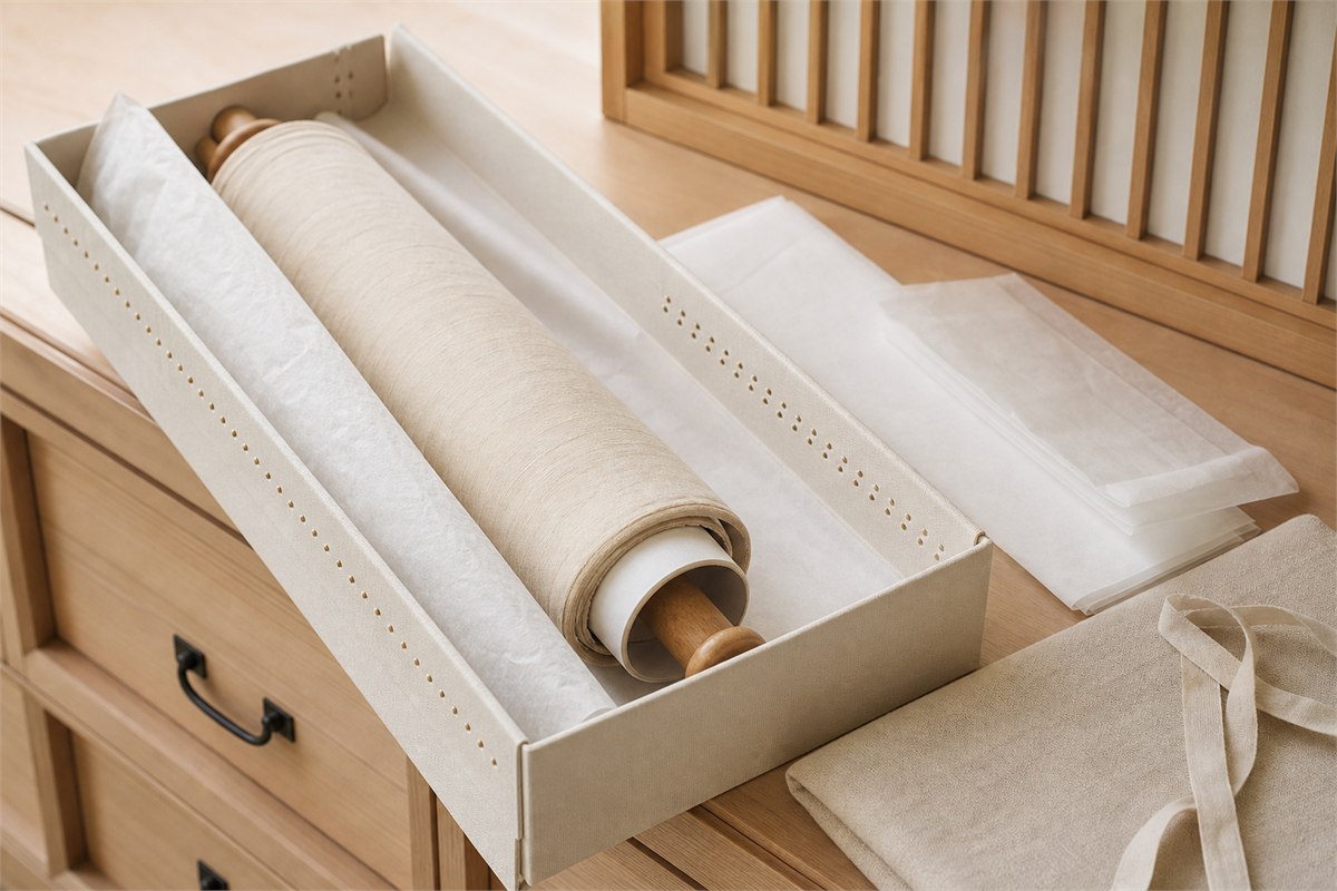 Loosely wrapped textile scroll in a ventilated archival box with tissue and cotton covering materials