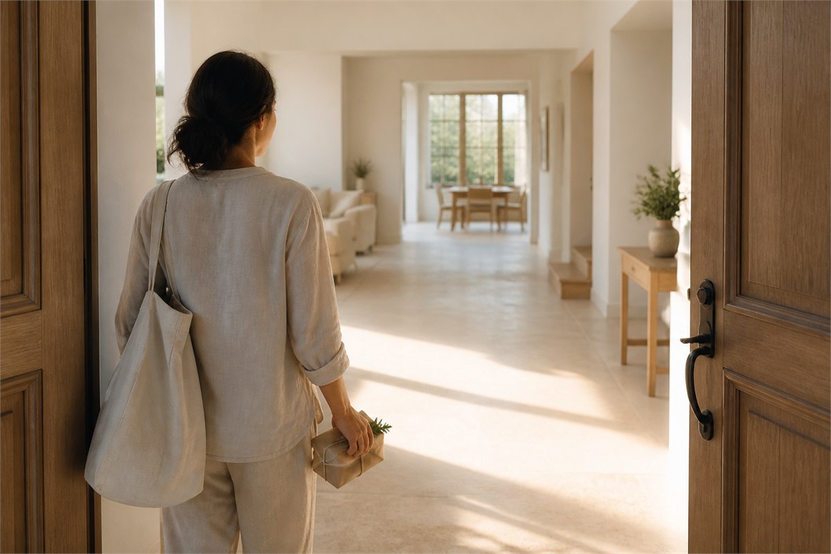 Adult entering a bright home with a bag and small gift in warm natural light