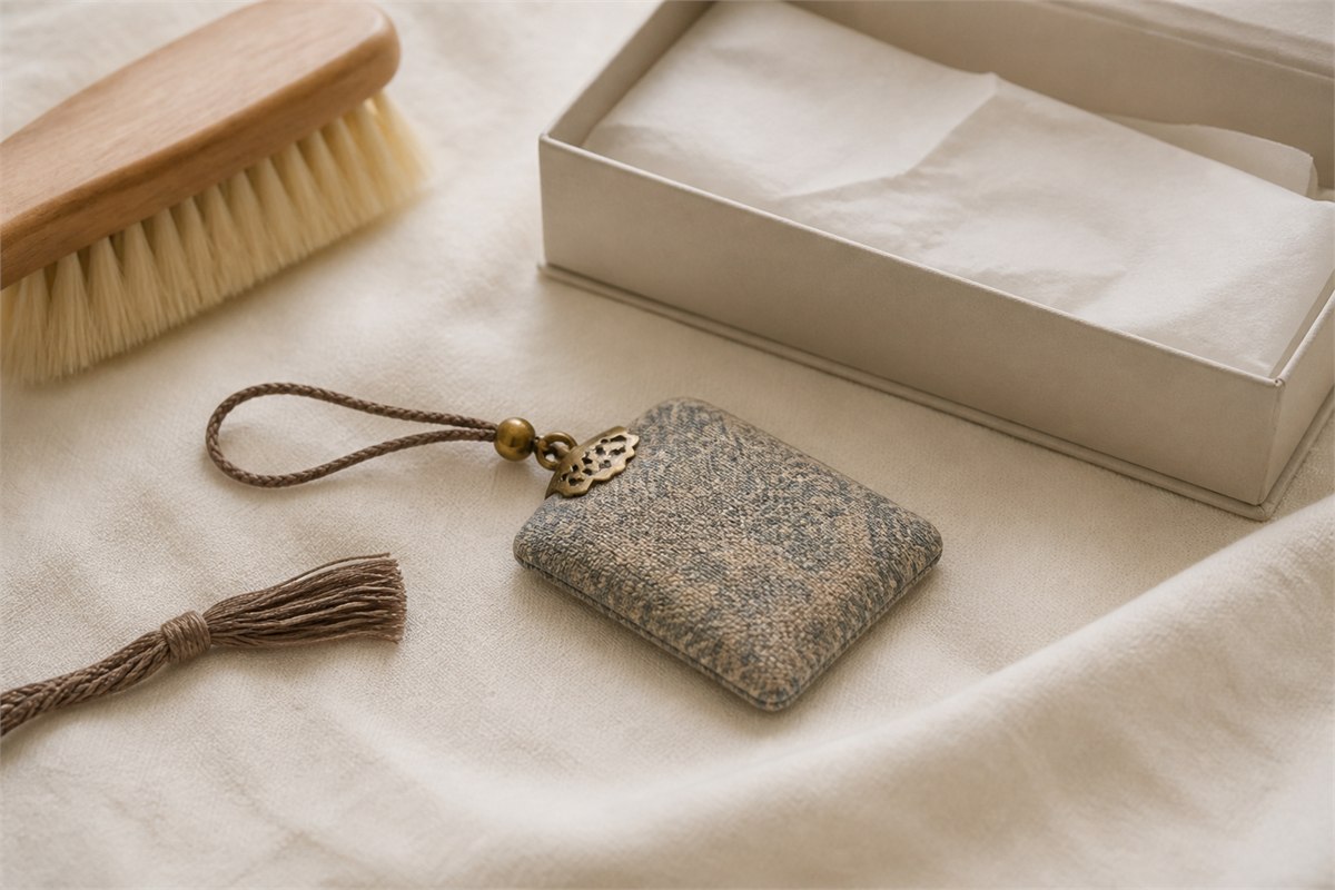 Brocade charm resting on ivory cloth beside a soft brush and an open tissue-lined storage box