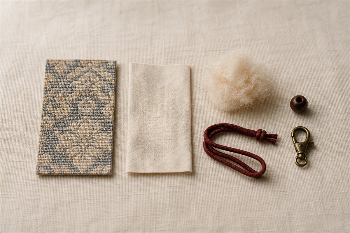 Patterned woven textile lining filling cord wooden bead and brass clasp arranged as separate charm components