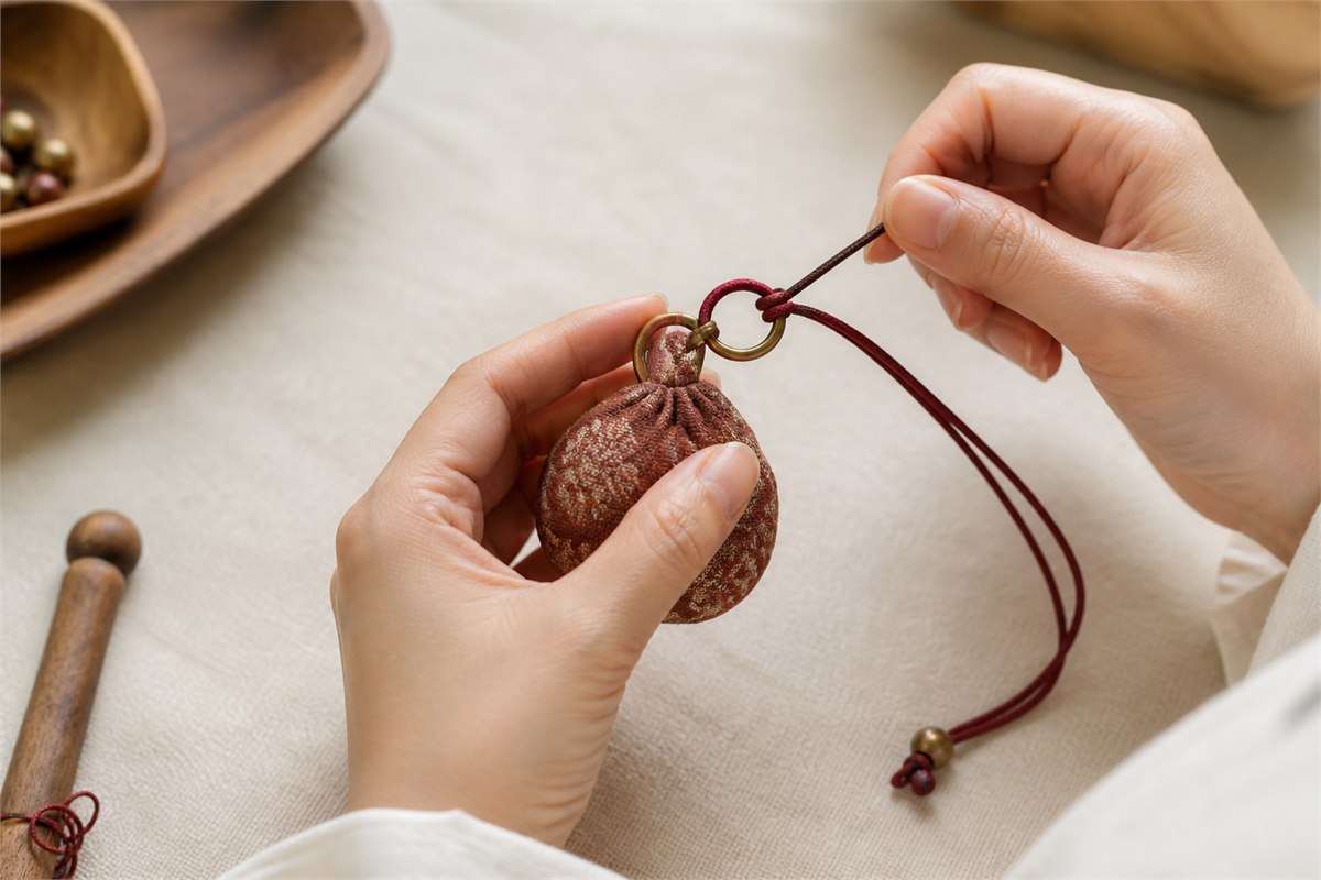 Adult hands tying a dark red cord to the brass ring of a rounded brocade sachet charm
