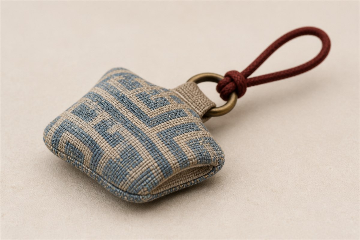 Close view of a woven charm edge fabric tab brass ring and dark red cord loop