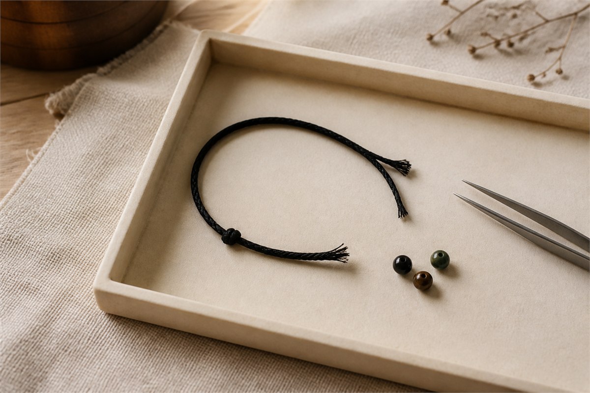 Broken black bracelet cord and three loose beads gathered in a shallow ivory tray beside tweezers