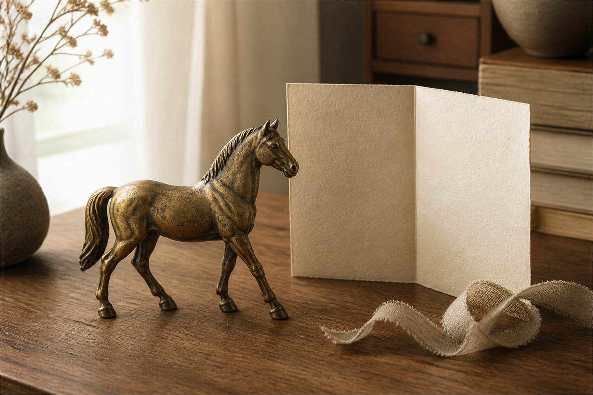 Bronze-toned walking horse ornament beside a blank handmade-paper card and linen ribbon