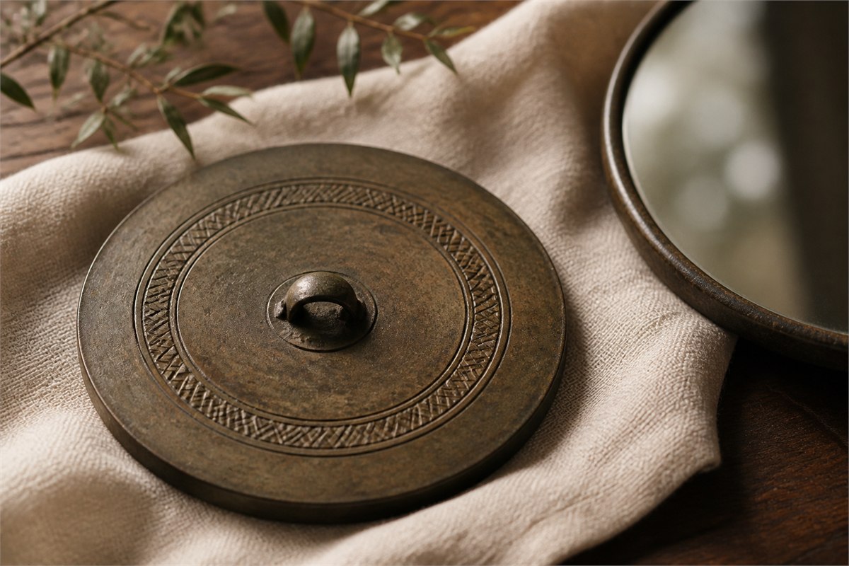 Round bronze mirror back with central loop beside the edge of a reflective mirror face