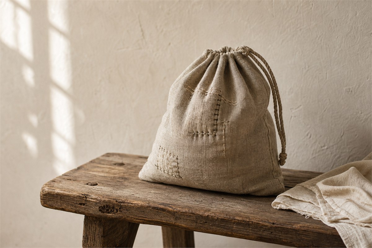 Mended linen drawstring sack resting on an aged wooden bench in soft window light.