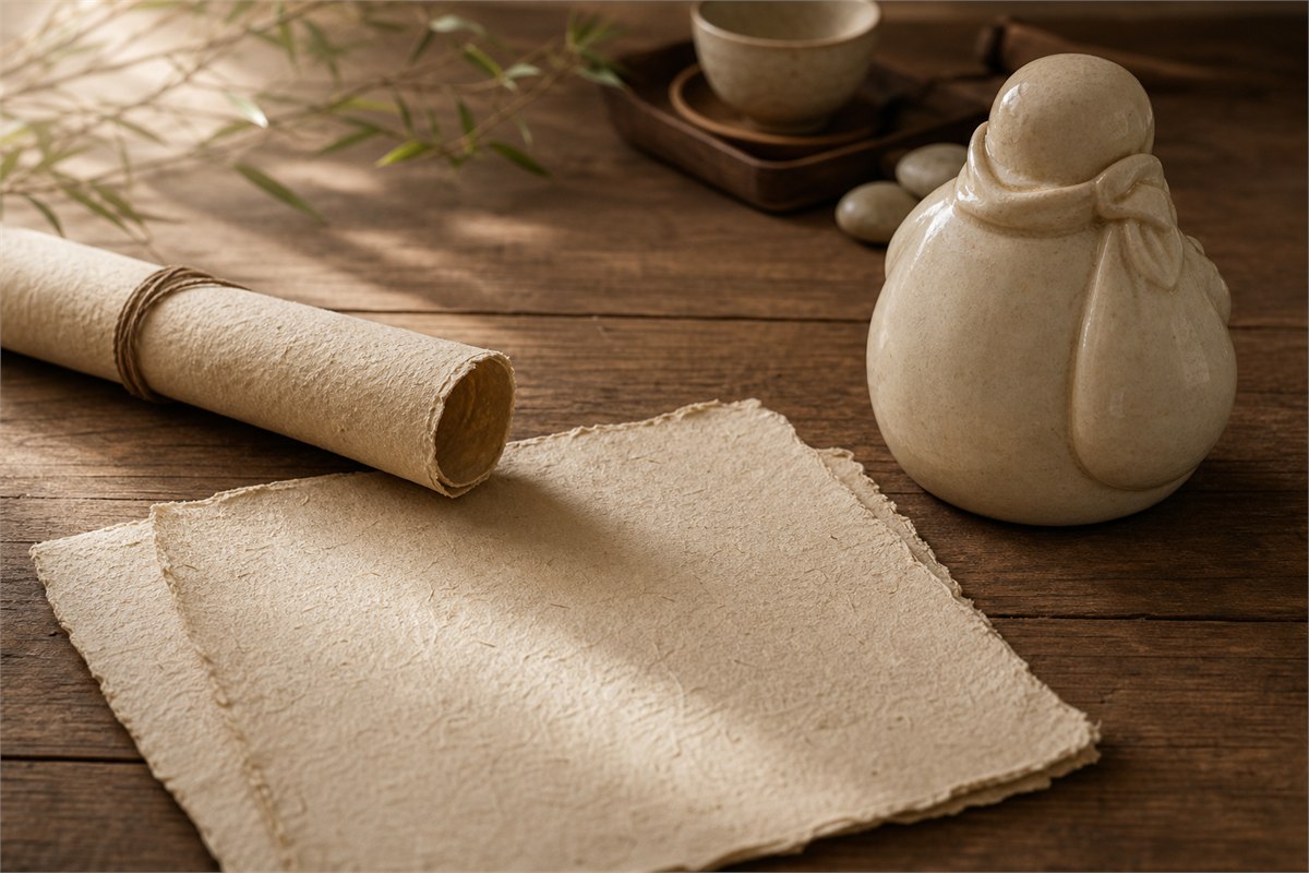 Blank handmade papers and a rounded ivory ceramic sculpture seen from behind on a wooden table.