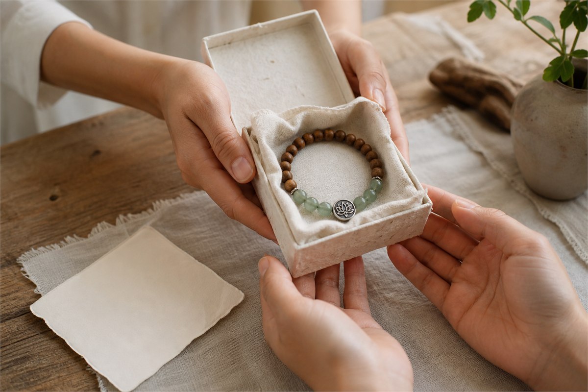 Hands exchanging an open bracelet gift box with a blank card