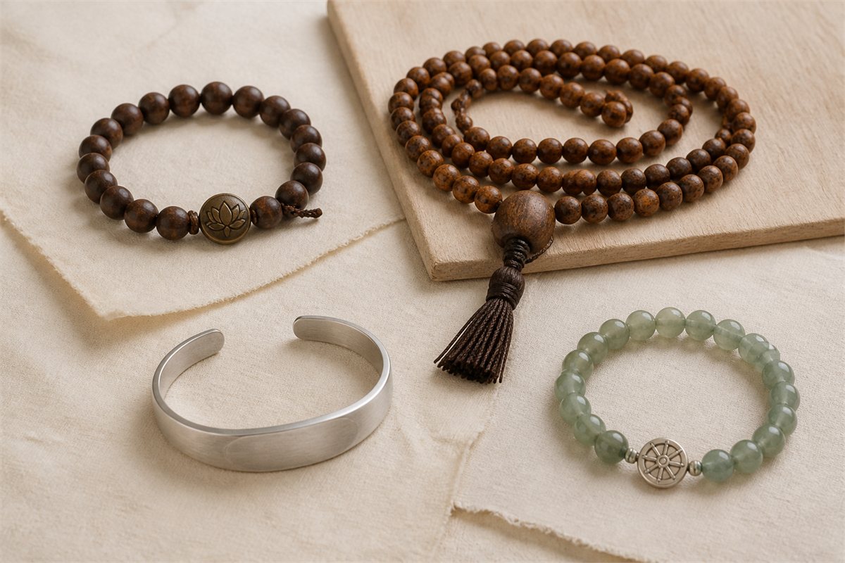 Four distinct bracelet forms arranged separately on warm neutral fabric