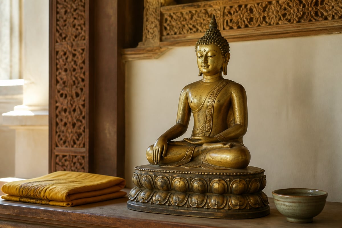 Gilded seated Buddha on a lotus pedestal beside folded ochre cloth and a ceramic bowl