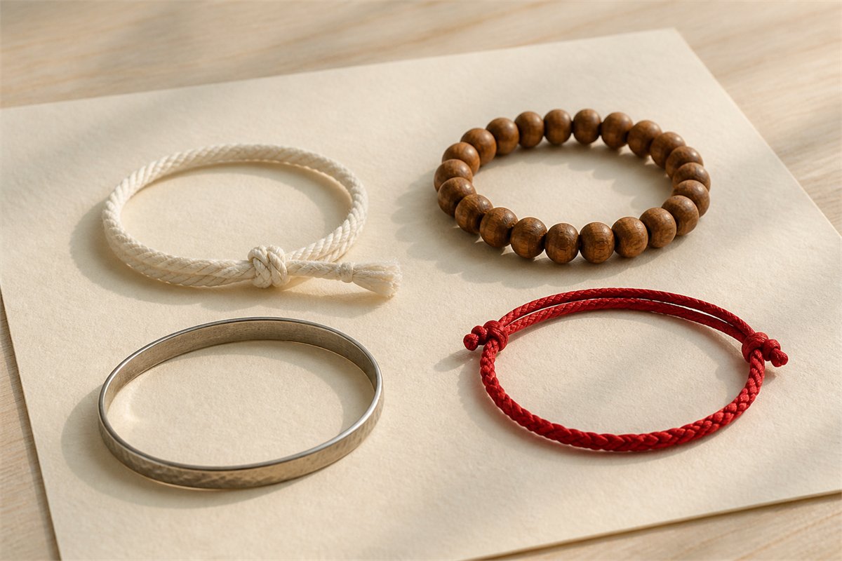 A white blessing cord, short wooden bead bracelet, long prayer beads, and engraved metal bracelet are arranged separately.