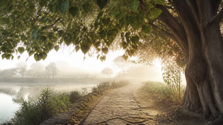 A stone path beneath a mature sacred fig tree in warm morning light