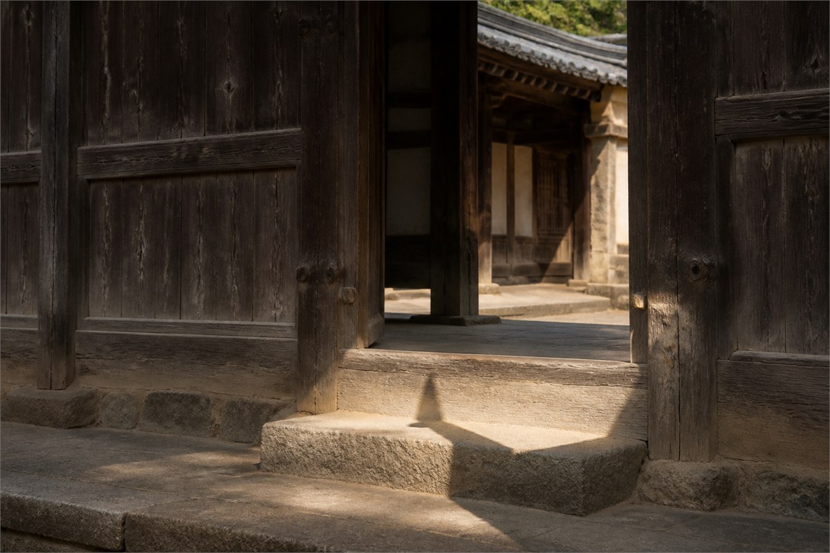 Weathered wooden temple doors opening onto a sunlit stone threshold