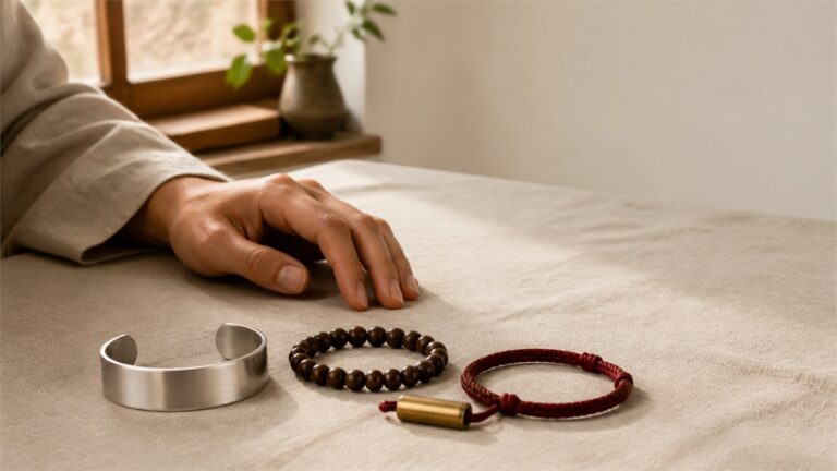 Blank silver cuff, wooden bead bracelet, red cord bracelet, and brass cylinder near a resting hand