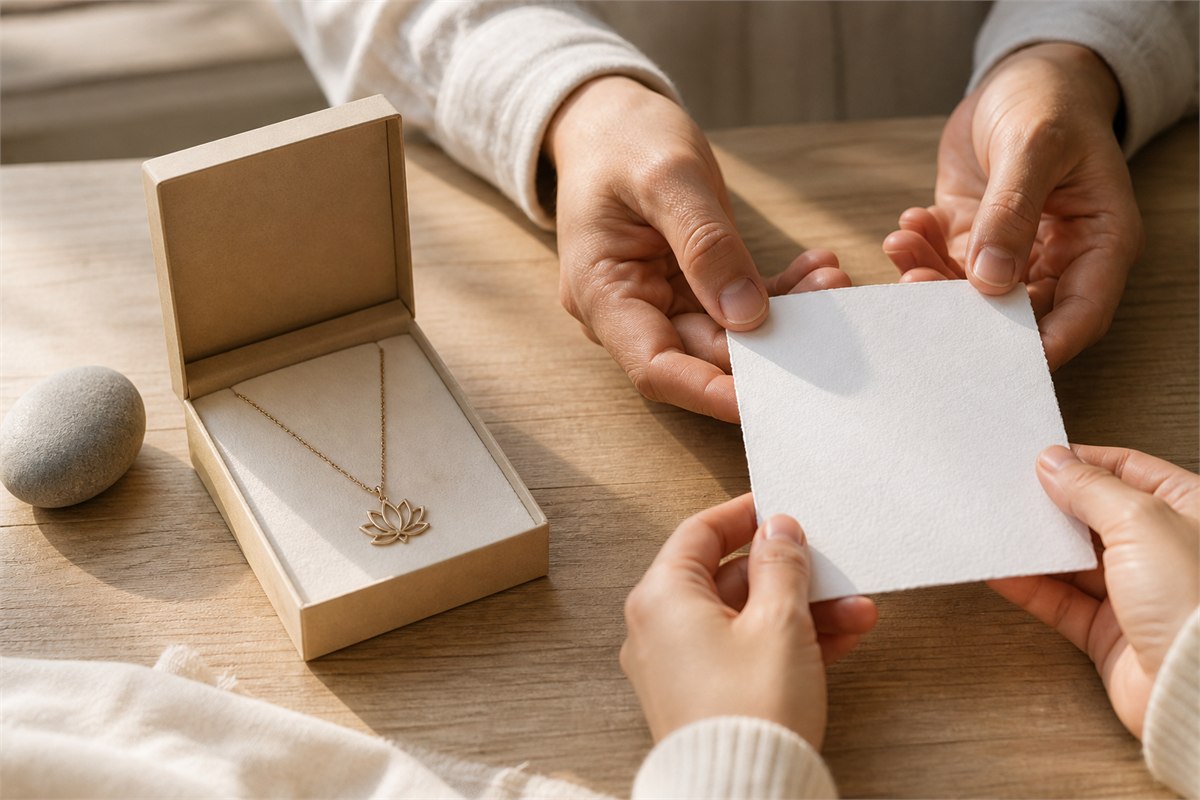Two adults exchanging a blank handmade note beside an open box with a lotus necklace