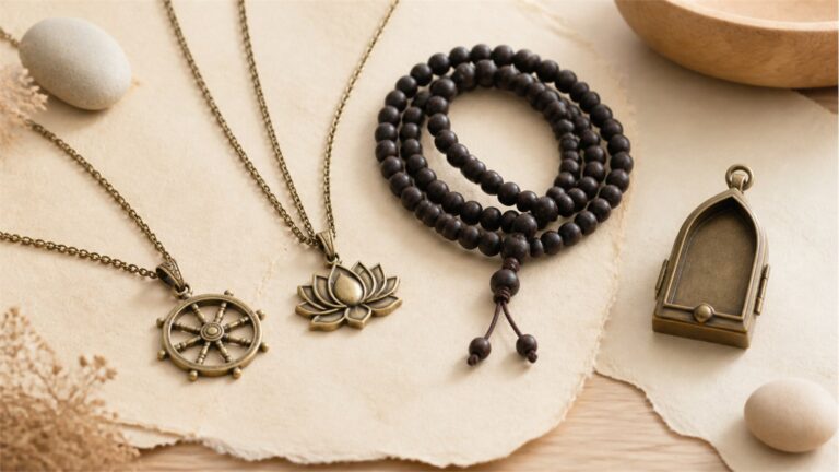 Lotus, eight-spoke wheel, wooden prayer beads, and closed pendant case arranged on warm handmade paper