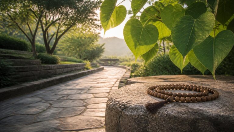 Sunlit stone path beneath bodhi leaves with a simple wooden mala on a low ledge