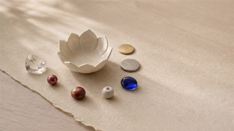 Seven material tokens of gold, silver, blue glass, clear quartz, red bead, banded agate, and white ceramic around an empty ivory lotus-shaped bowl