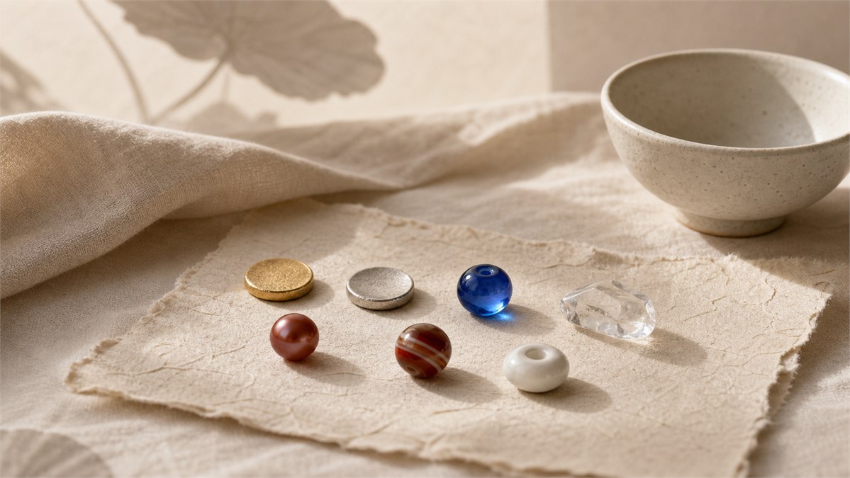 Seven material tokens of gold, silver, blue glass, clear quartz, red bead, banded agate, and white ceramic on warm paper