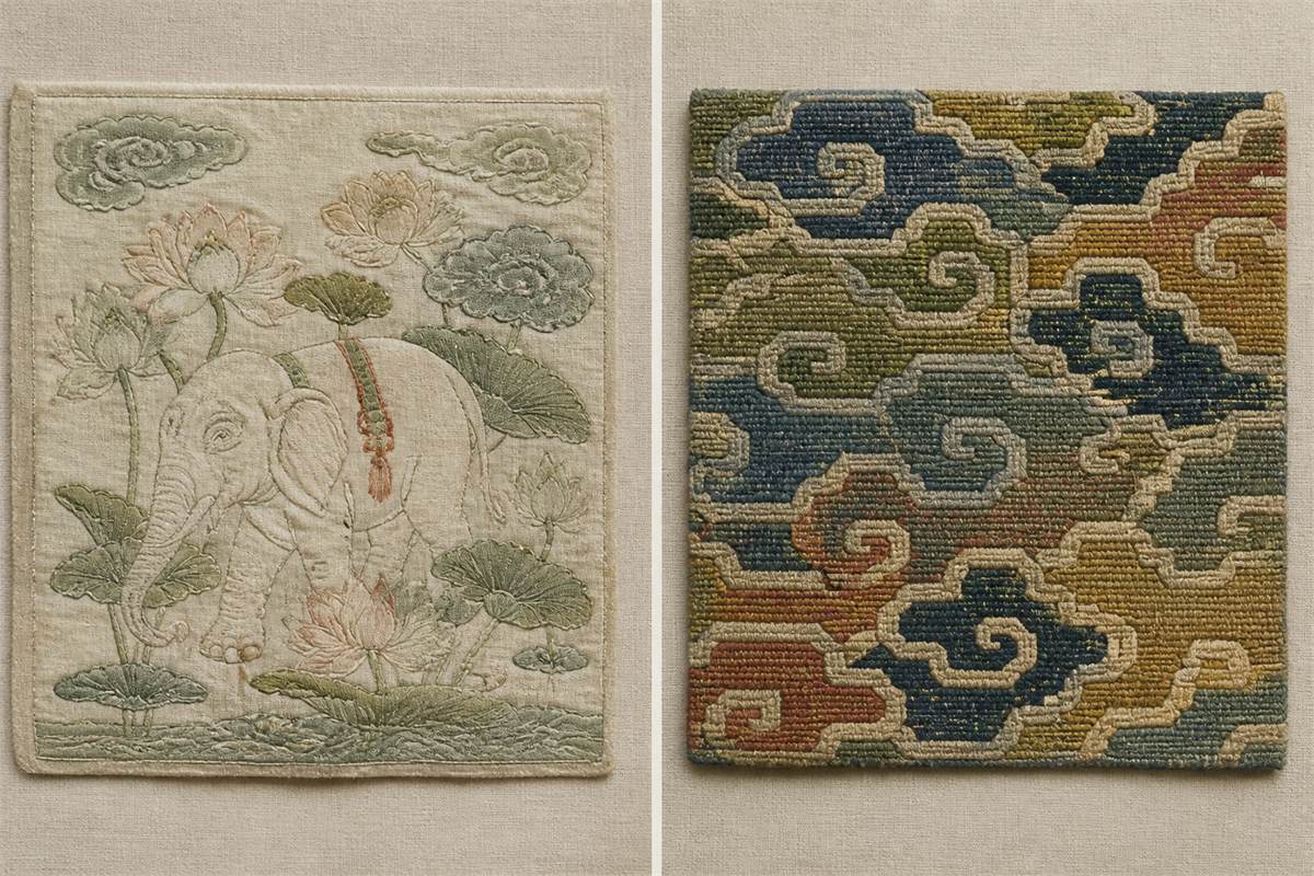 Two separate textile panels showing an elephant and lotus motif beside an abstract cloud pattern