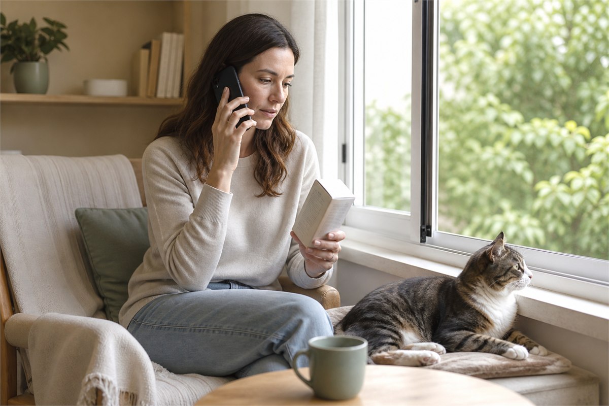 Caregiver speaking on a phone while holding a plain package beside a healthy cat near an open window