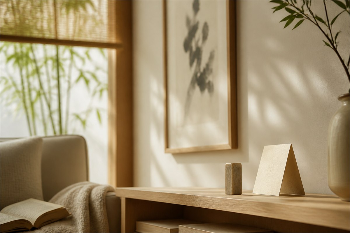 Warm reading corner with blurred ink artwork, side-facing stone seal, and blank card