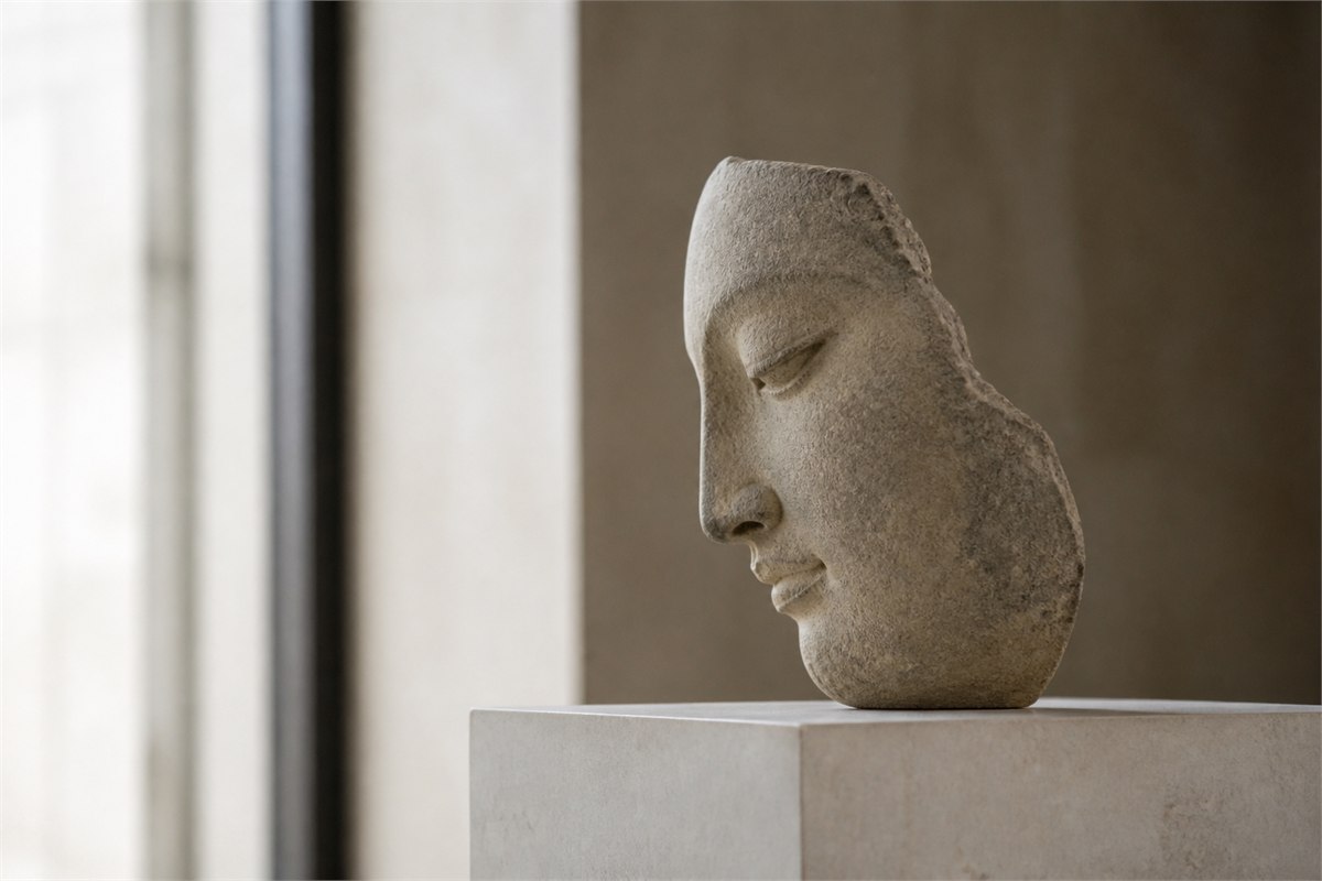 Serene weathered stone facial profile on a neutral museum-style plinth