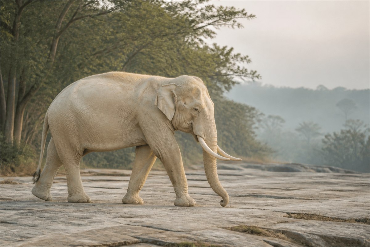 Full white Asian elephant walking calmly across a pale stone terrace in soft morning light