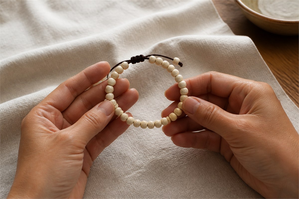 Adult hands holding a creamy bone bead bracelet with dark adjustable cord