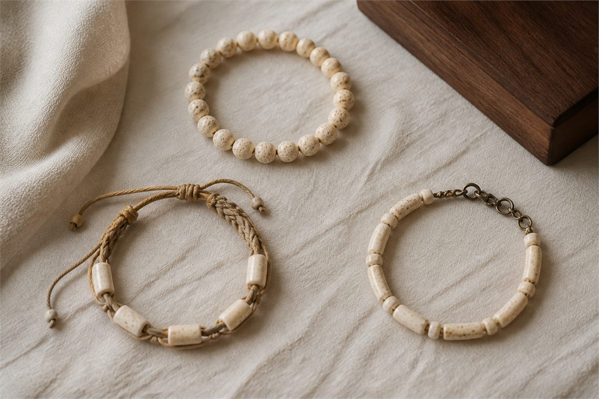 Elastic, braided adjustable cord, and metal clasp bone bead bracelets arranged separately
