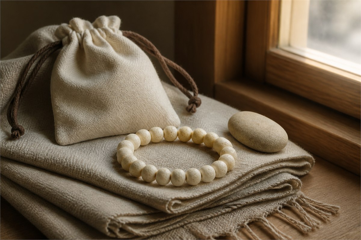 Bone bead bracelet beside a neutral travel scarf, cloth pouch, and smooth stone