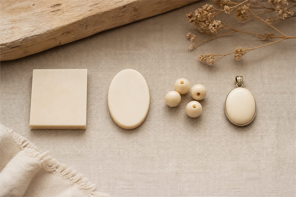 Clean prepared bone blanks beside drilled beads, a carved pendant, and polished inlay pieces