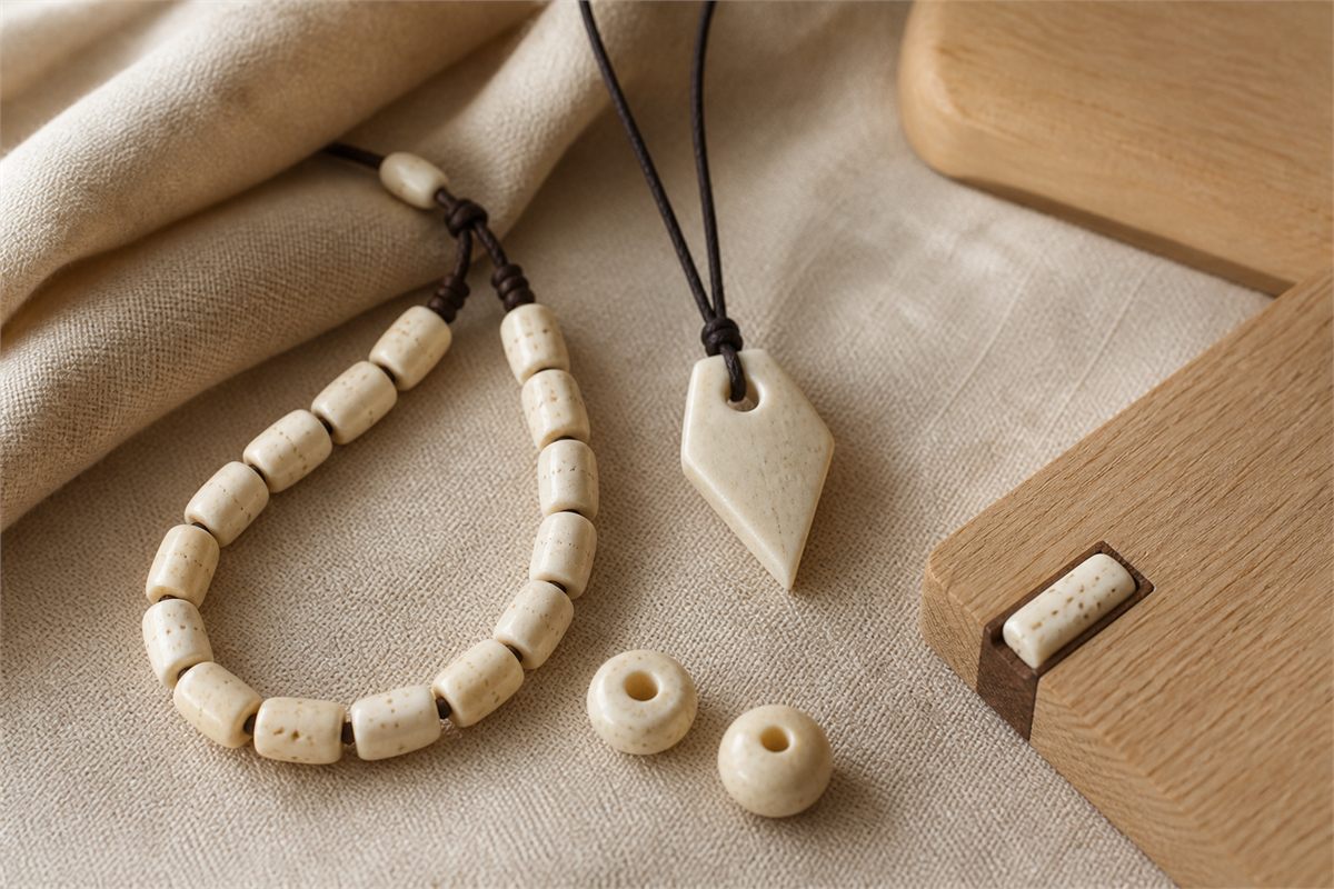 Pale bone bead strand, carved pendant, loose beads, and a small geometric inlay piece on warm wood