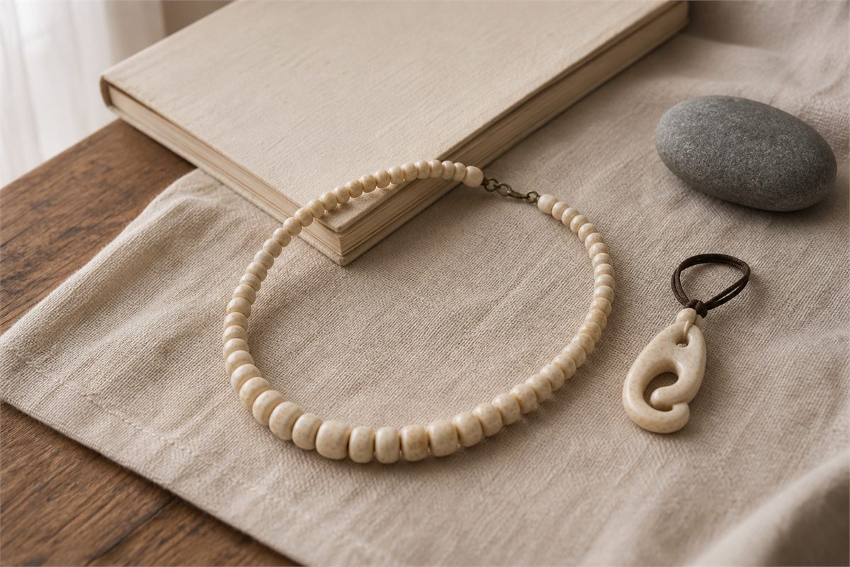 Processed pale bone bead necklace and carved pendant arranged on linen with a travel journal