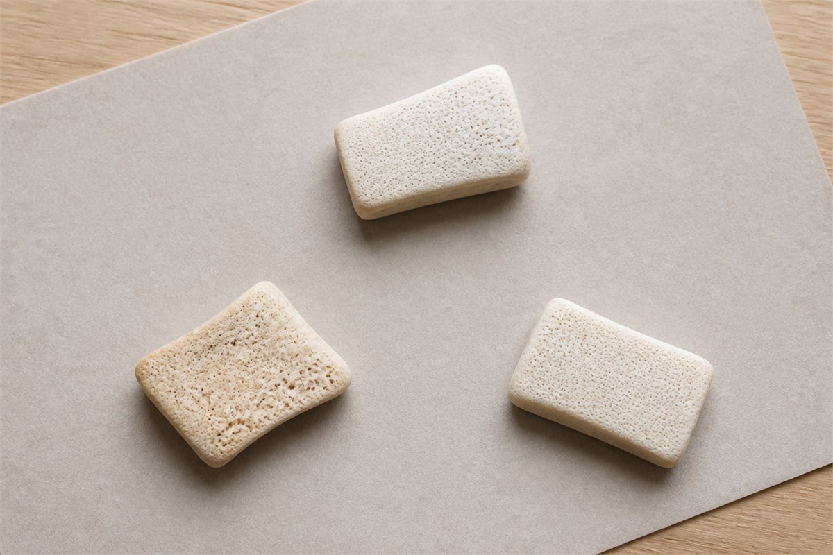 Three neutral finished bone samples photographed separately under the same natural light