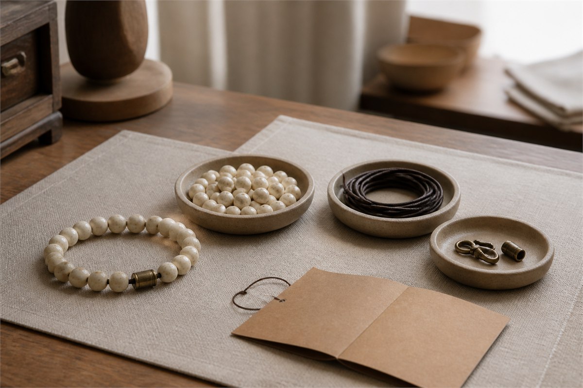 Bone bead bracelet beside finished beads, dark cord, metal clasp, and a blank kraft tag