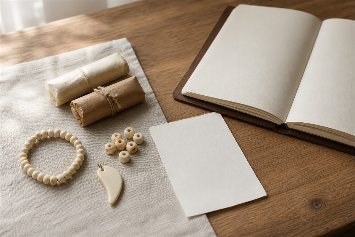 Finished bone beads, wrapped material samples, plain receipt paper, and a maker notebook on a clean worktable