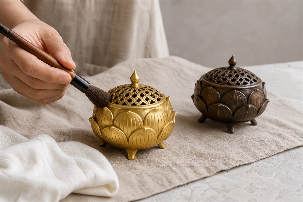 Adult hand softly dusting a brass lotus censer beside a bronze censer with patina