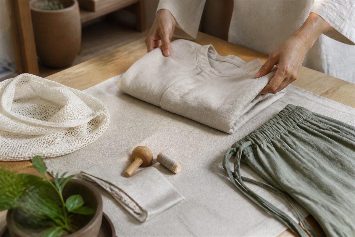 Hands folding a neutral shirt beside trousers, thread, a darning tool, and a mesh laundry bag