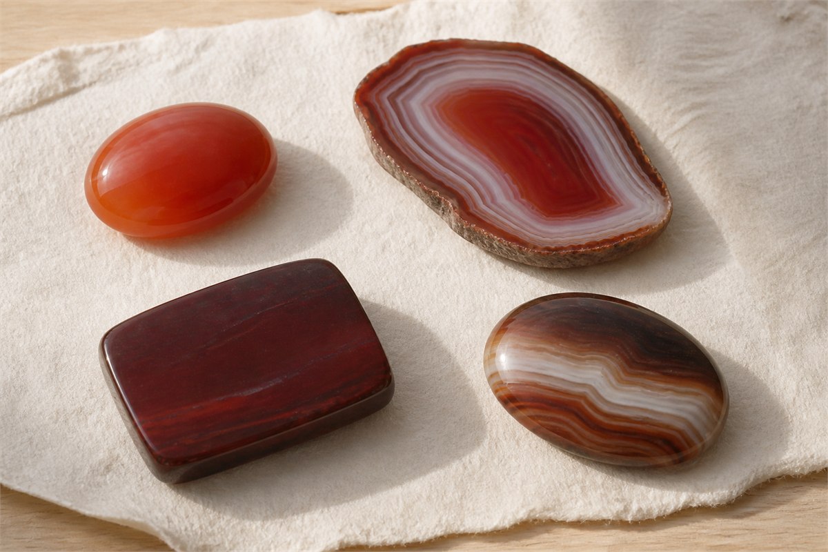 Polished carnelian, banded red agate, dark sard, and layered sardonyx on handmade paper