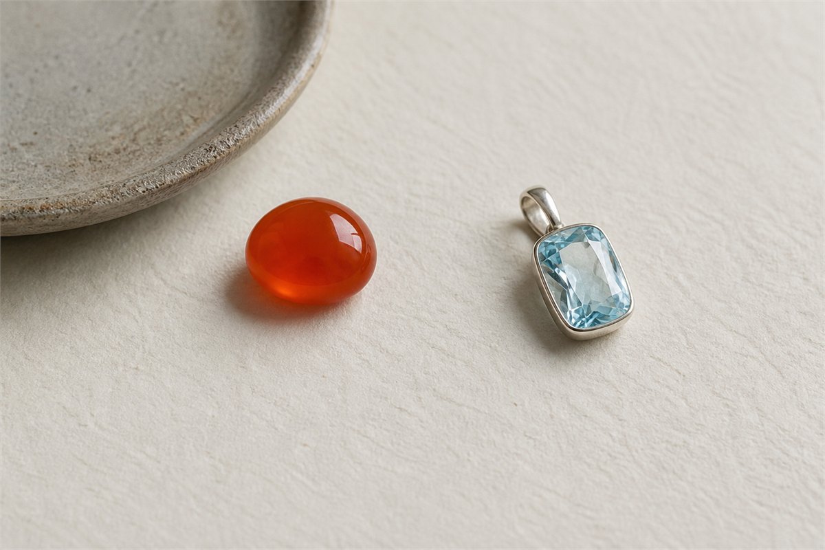 Orange-red carnelian cabochon beside a pale blue aquamarine pendant.