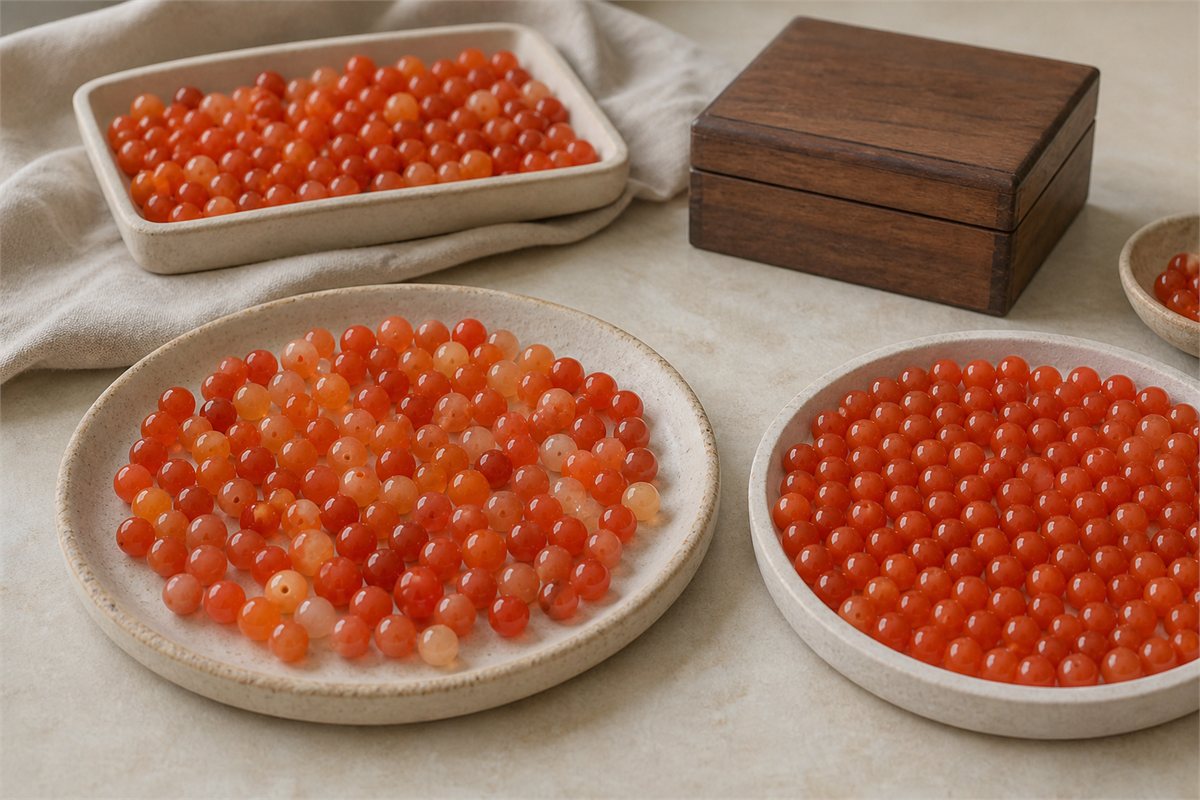 Trays of orange-red chalcedony beads with varied and more uniform color saturation