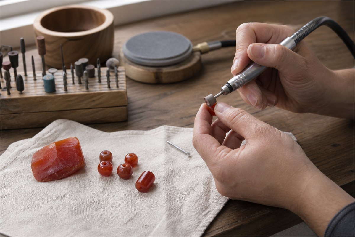 Artisan hands shaping a carnelian bead blank with lapidary tools at a wooden workbench