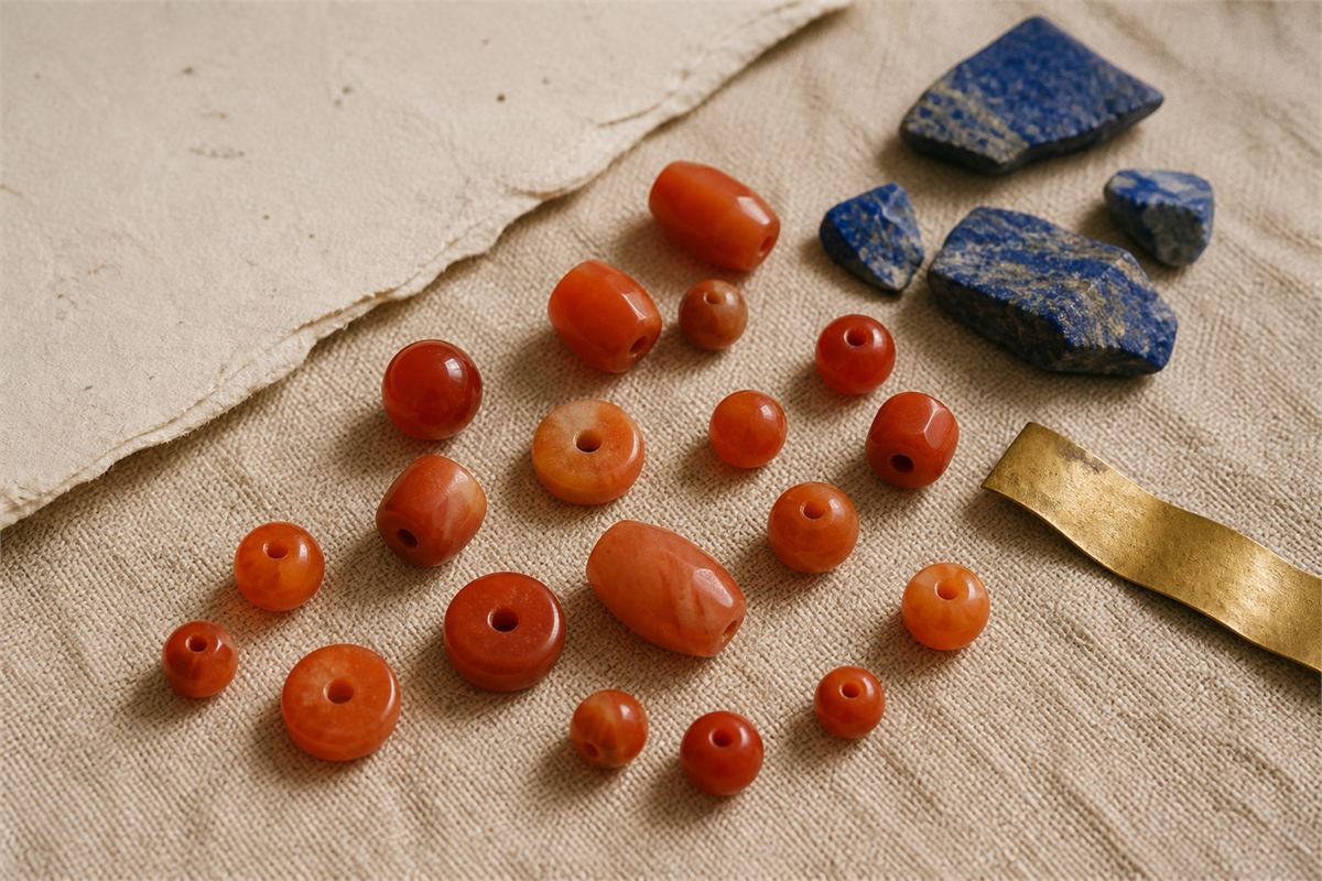 Simple carnelian beads with lapis-colored stone and a strip of gold-toned metal on linen
