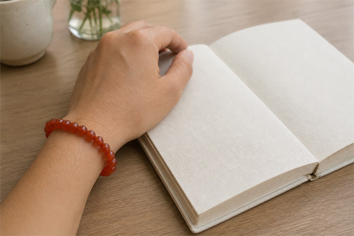Hand wearing an orange-red carnelian bead bracelet beside an open blank notebook