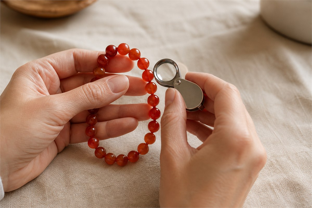 Hands using a jeweler loupe to inspect carnelian bead holes, cord, and surface finish