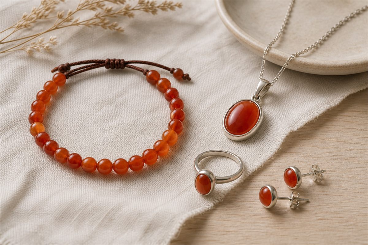 Carnelian bead bracelet, oval pendant, bezel ring, and stud earrings on ivory linen