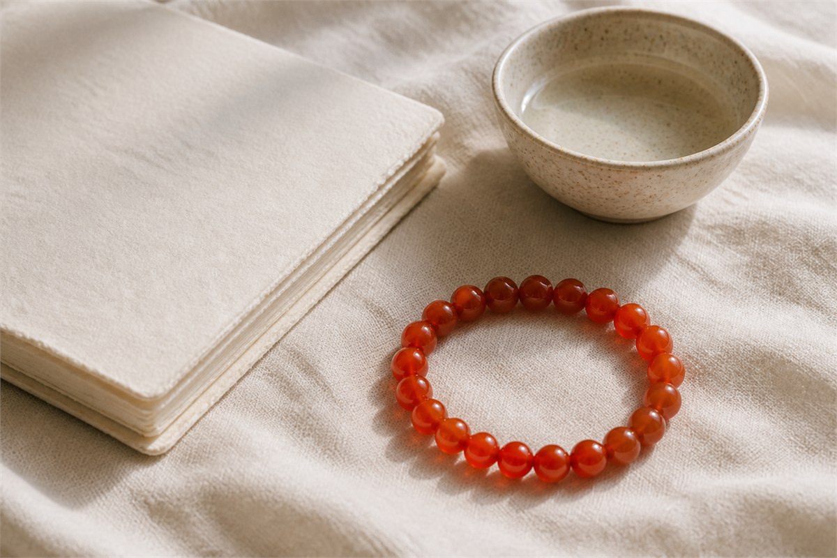 Translucent orange-red carnelian bead bracelet beside a blank journal and ceramic bowl of water on cream linen