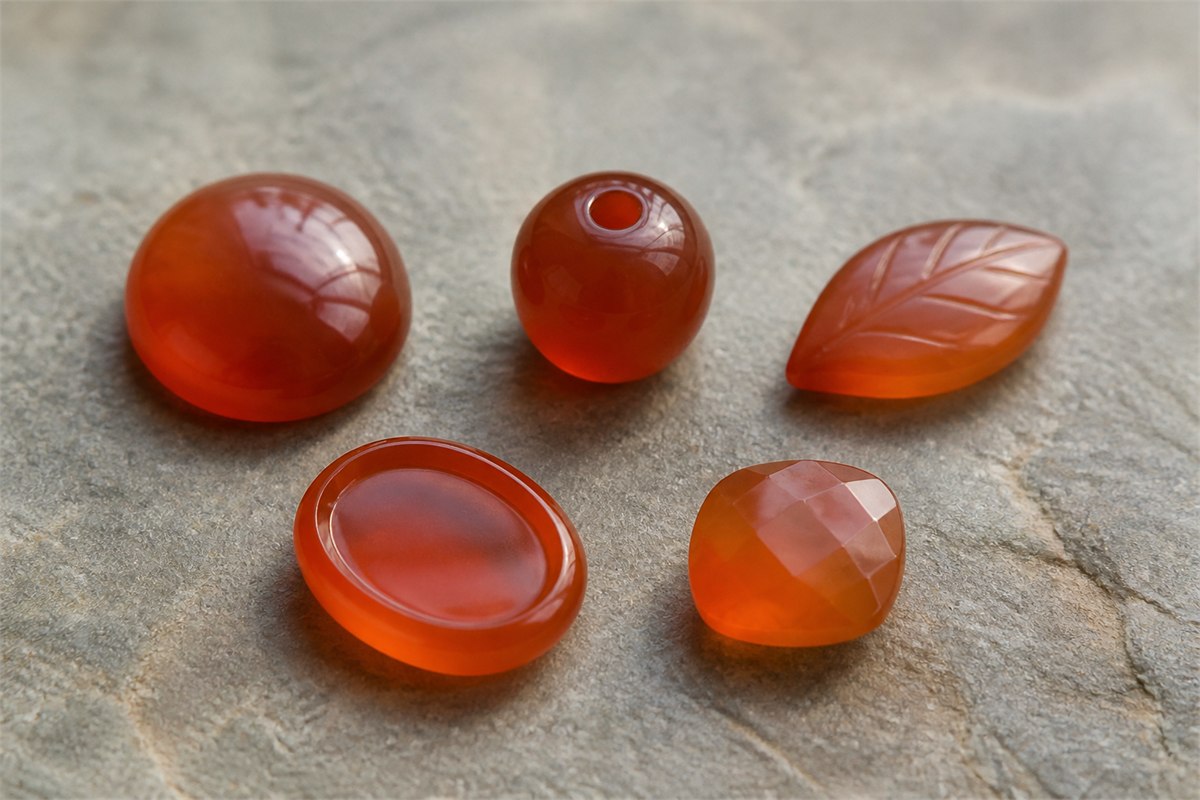 Five carnelian forms including cabochon, bead, leaf carving, recessed oval, and faceted cushion